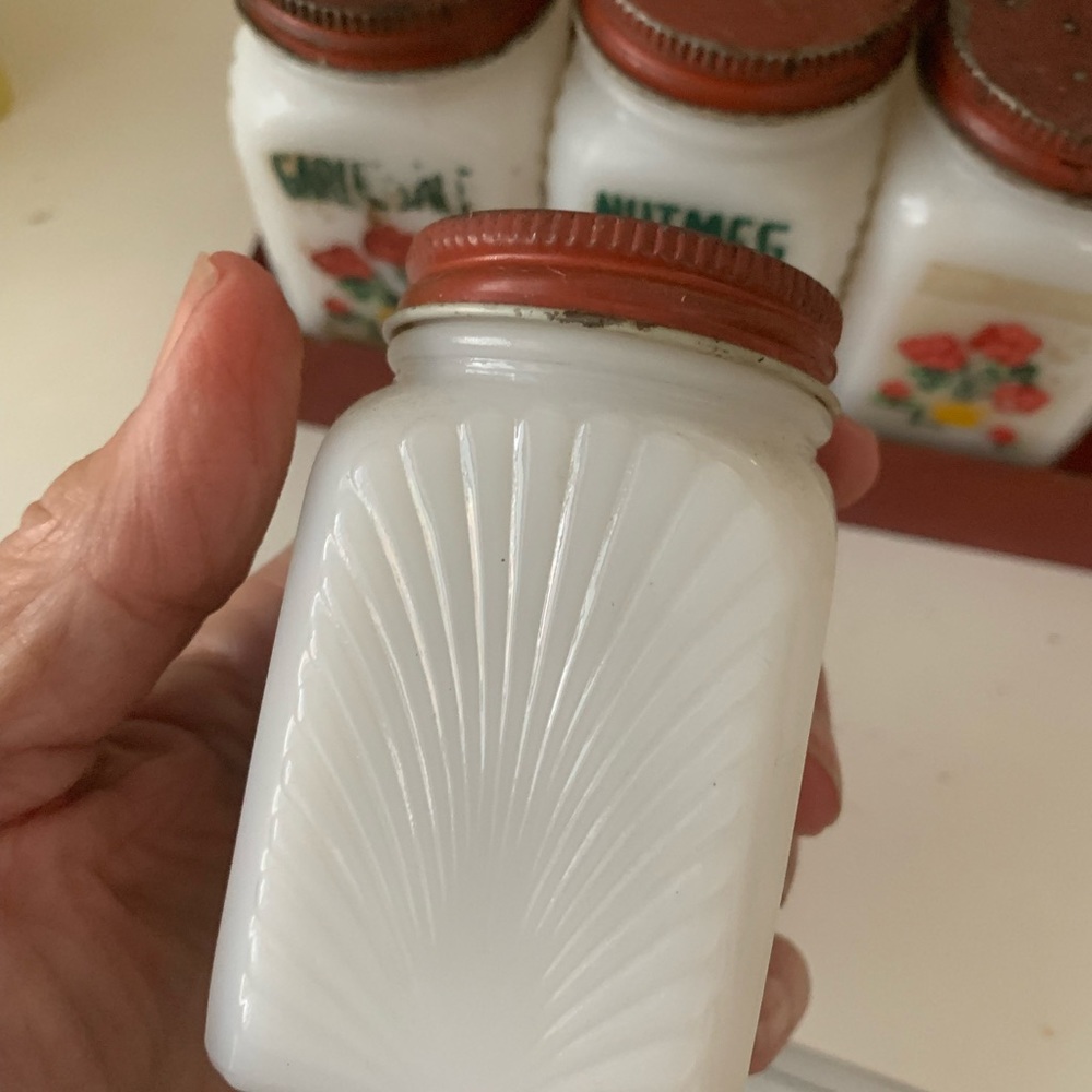 Vintage Milk Glass Spice Jars on Stand - Picture 3 of 10